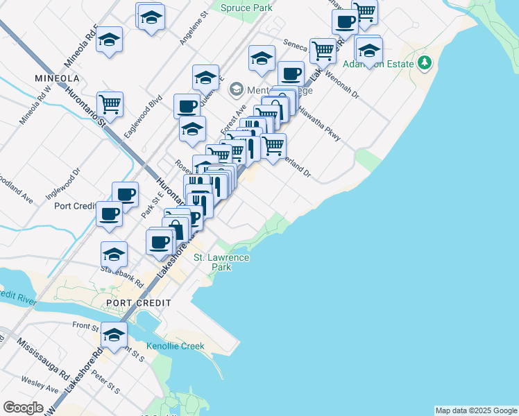 map of restaurants, bars, coffee shops, grocery stores, and more near 115 Saint Lawrence Drive in Mississauga