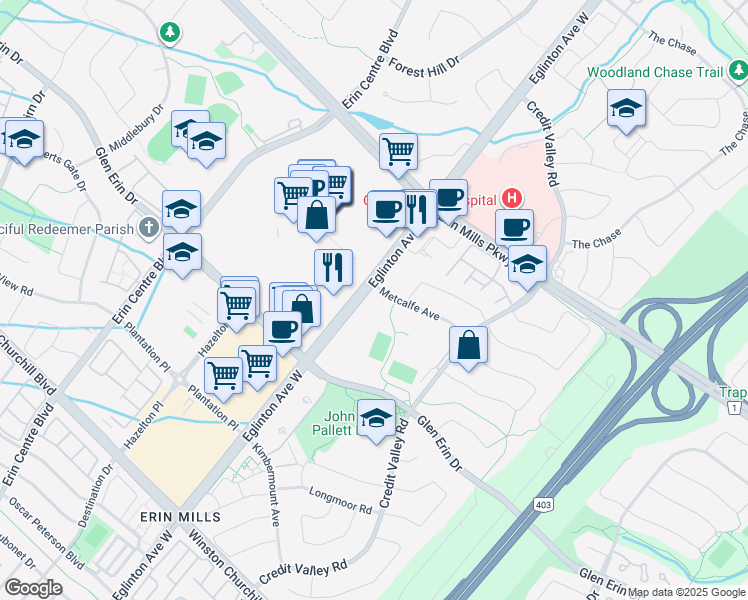map of restaurants, bars, coffee shops, grocery stores, and more near 4699 Glen Erin Drive in Mississauga