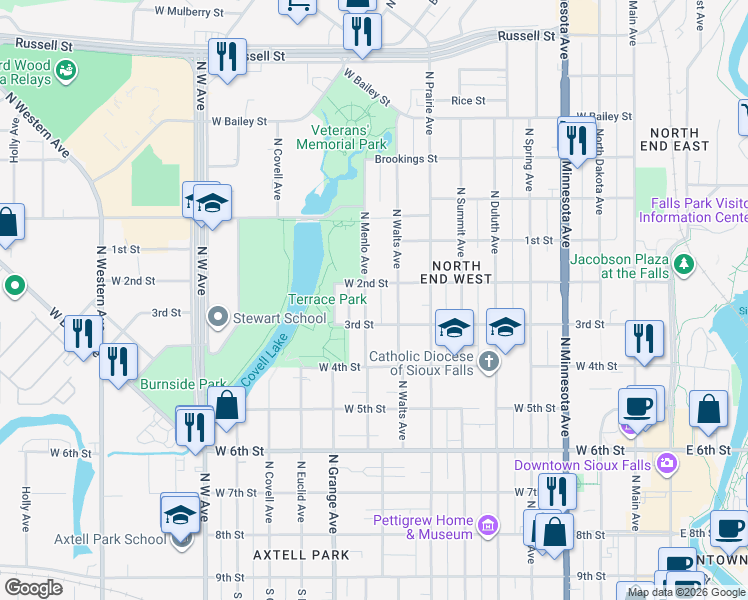map of restaurants, bars, coffee shops, grocery stores, and more near 924 West 3rd Street in Sioux Falls