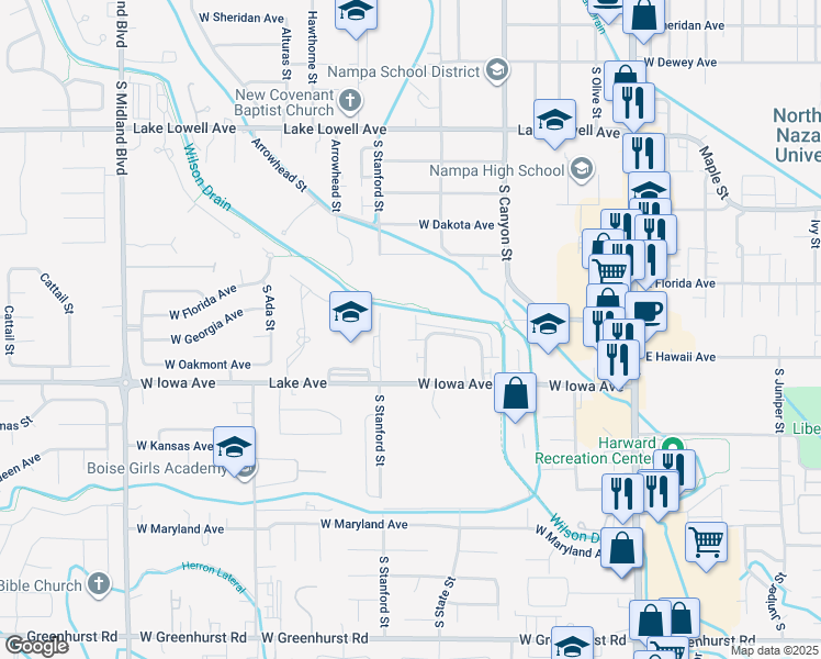 map of restaurants, bars, coffee shops, grocery stores, and more near 1324 South Edgewater Circle in Nampa