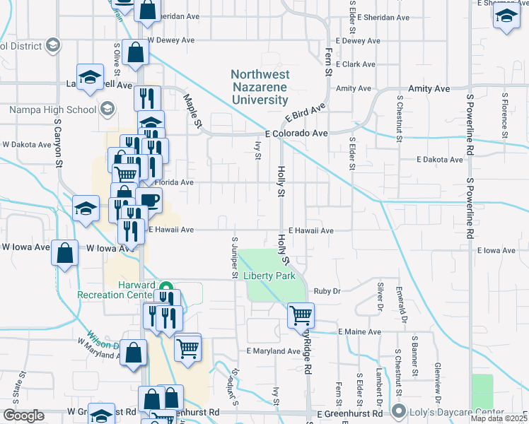 map of restaurants, bars, coffee shops, grocery stores, and more near 616 East Hawaii Avenue in Nampa