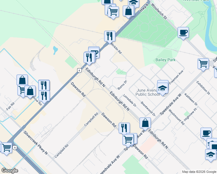 map of restaurants, bars, coffee shops, grocery stores, and more near in Guelph