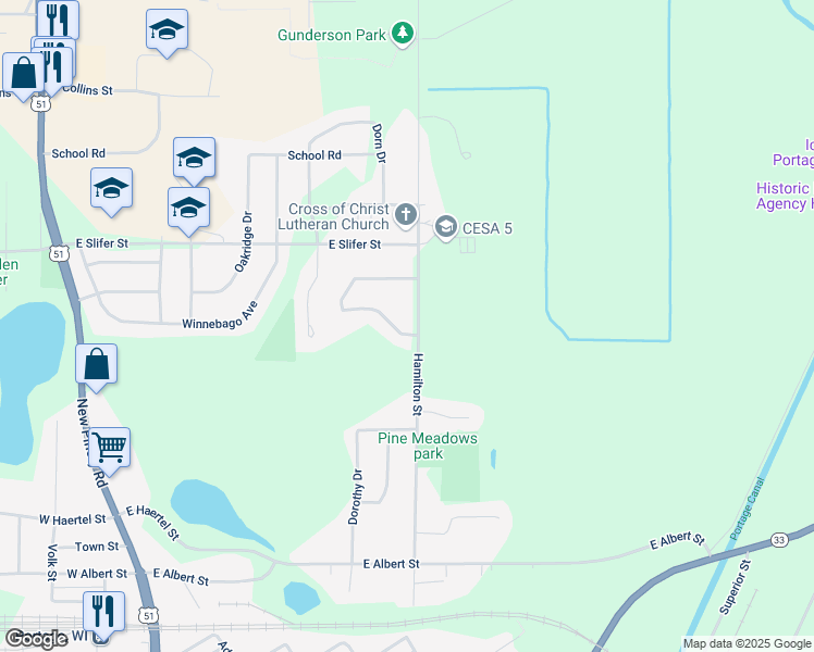 map of restaurants, bars, coffee shops, grocery stores, and more near 516 Evergreen Trail in Portage