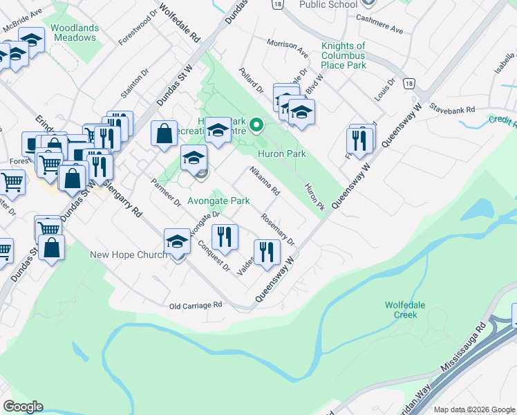 map of restaurants, bars, coffee shops, grocery stores, and more near 2405 Rosemary Drive in Mississauga
