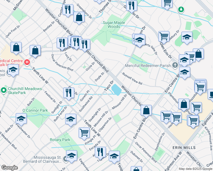 map of restaurants, bars, coffee shops, grocery stores, and more near 3055 Tacc Drive in Mississauga