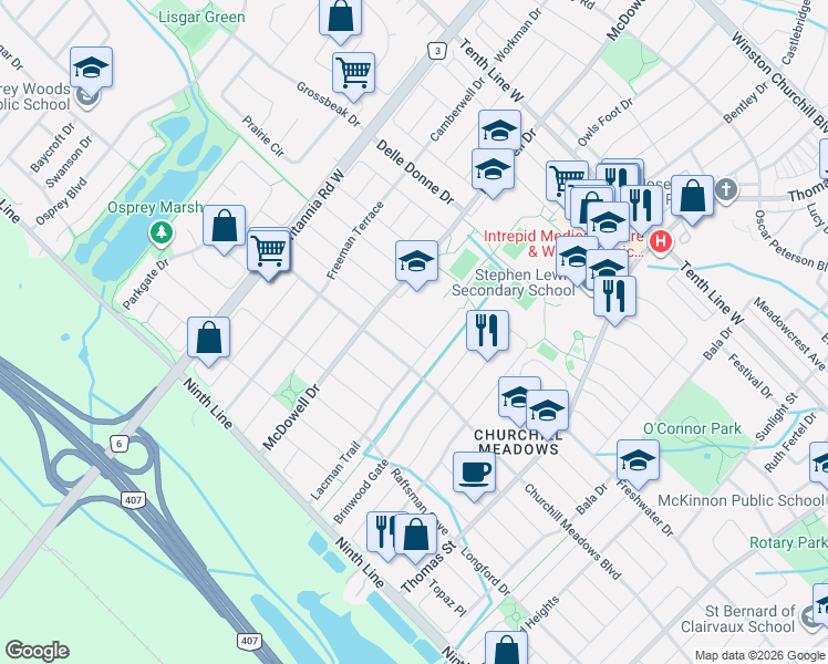 map of restaurants, bars, coffee shops, grocery stores, and more near 5827 Rainspring Drive in Mississauga