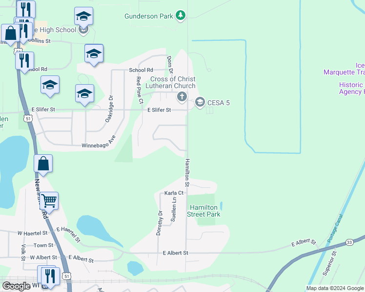 map of restaurants, bars, coffee shops, grocery stores, and more near 2408 Hamilton Street in Portage