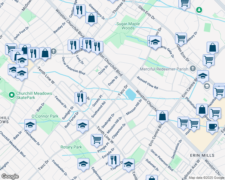 map of restaurants, bars, coffee shops, grocery stores, and more near 5443 Fudge Terrace in Mississauga