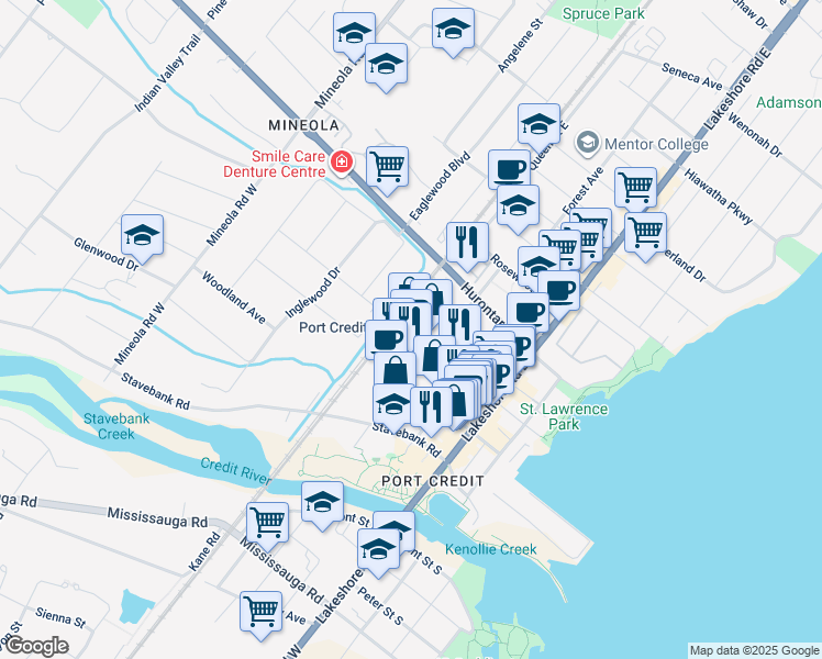 map of restaurants, bars, coffee shops, grocery stores, and more near 25 Helene Street North in Mississauga
