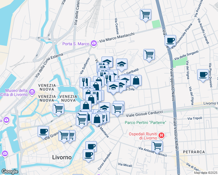 map of restaurants, bars, coffee shops, grocery stores, and more near 136 Via Terrazzini in Livorno
