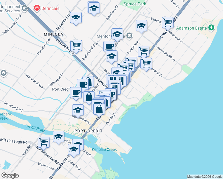map of restaurants, bars, coffee shops, grocery stores, and more near 1 Hurontario Street in Mississauga