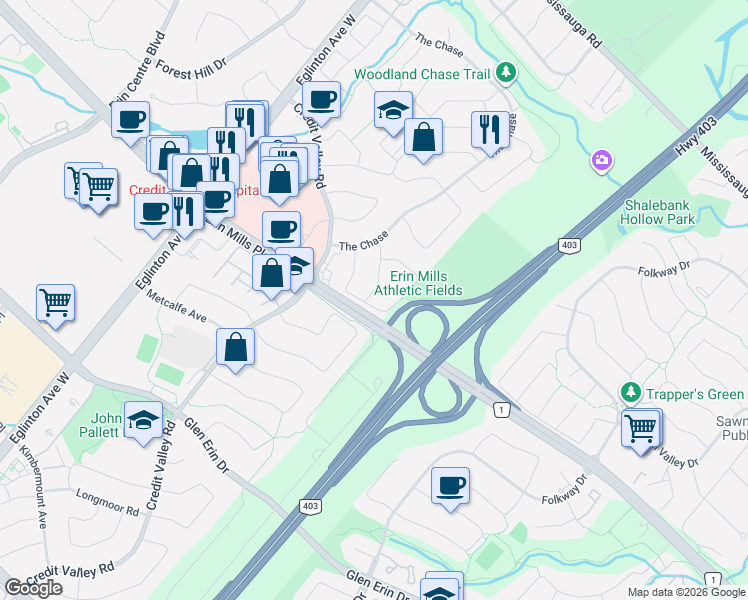 map of restaurants, bars, coffee shops, grocery stores, and more near 4480 Haydock Park Drive in Mississauga