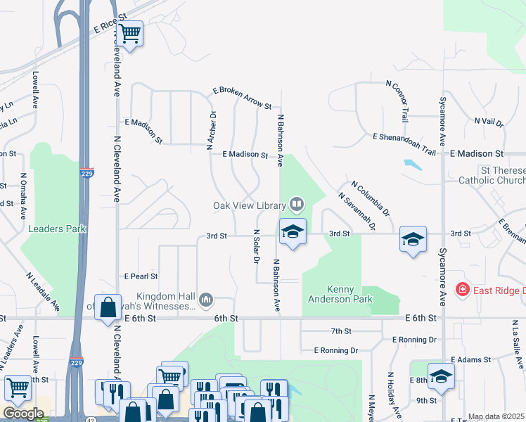 map of restaurants, bars, coffee shops, grocery stores, and more near 800 North Solar Drive in Sioux Falls
