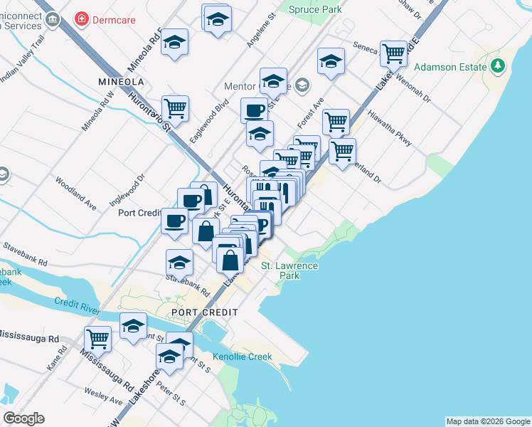 map of restaurants, bars, coffee shops, grocery stores, and more near 1 Hurontario Street in Mississauga
