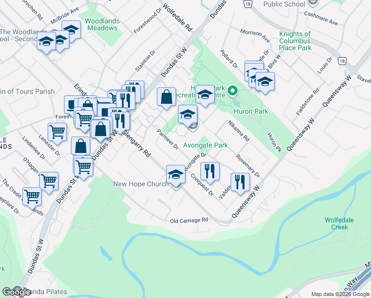 map of restaurants, bars, coffee shops, grocery stores, and more near 2491 Parmeer Drive in Mississauga