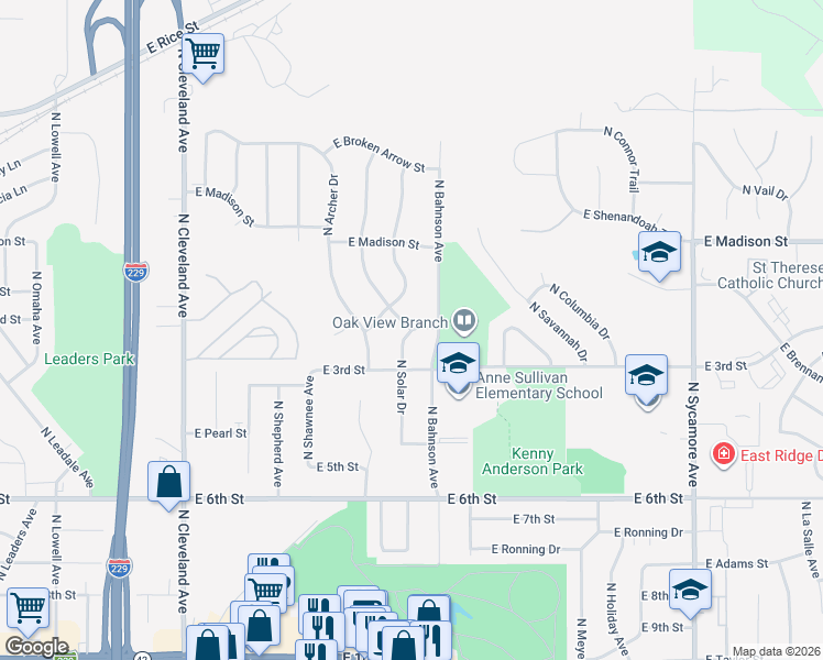 map of restaurants, bars, coffee shops, grocery stores, and more near 802 North Solar Drive in Sioux Falls