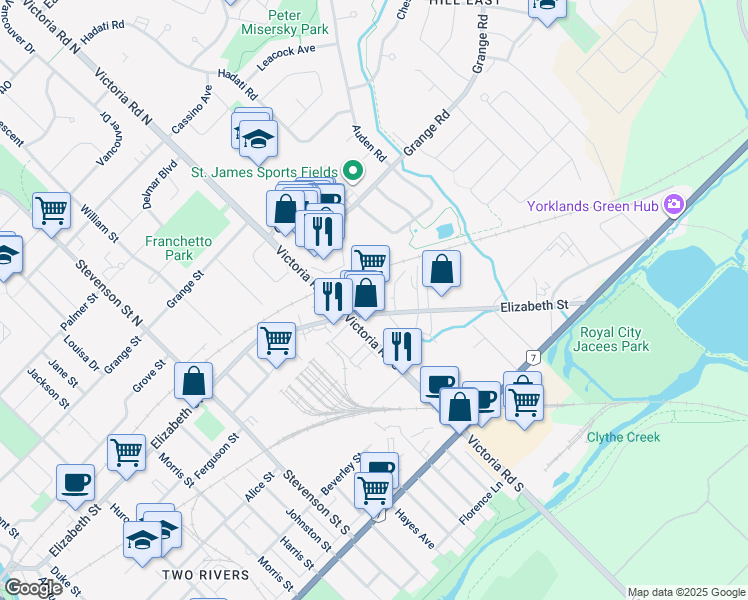 map of restaurants, bars, coffee shops, grocery stores, and more near 400 Elizabeth Street in Guelph