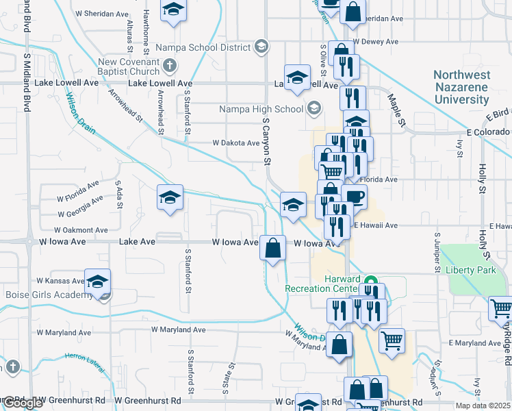 map of restaurants, bars, coffee shops, grocery stores, and more near 1412 South Edgewater Circle in Nampa