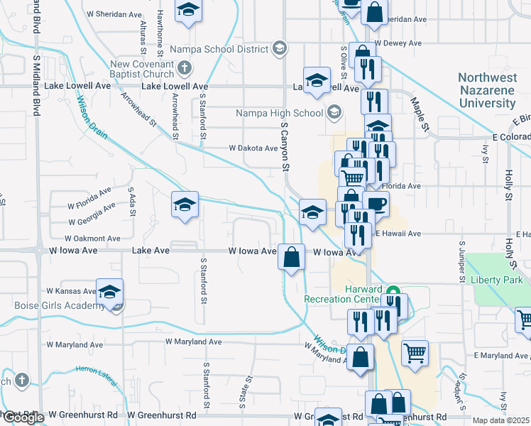 map of restaurants, bars, coffee shops, grocery stores, and more near 1412 South Edgewater Circle in Nampa