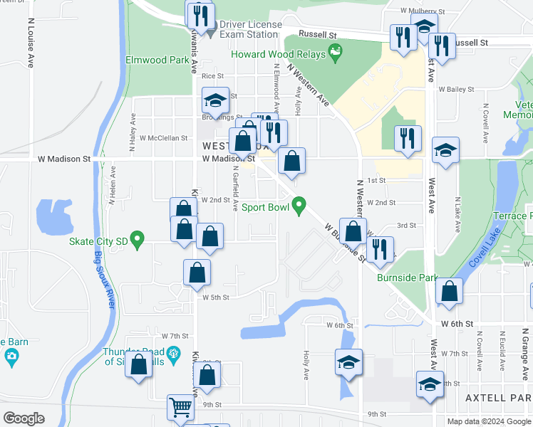 map of restaurants, bars, coffee shops, grocery stores, and more near 701 North Elmwood Avenue in Sioux Falls