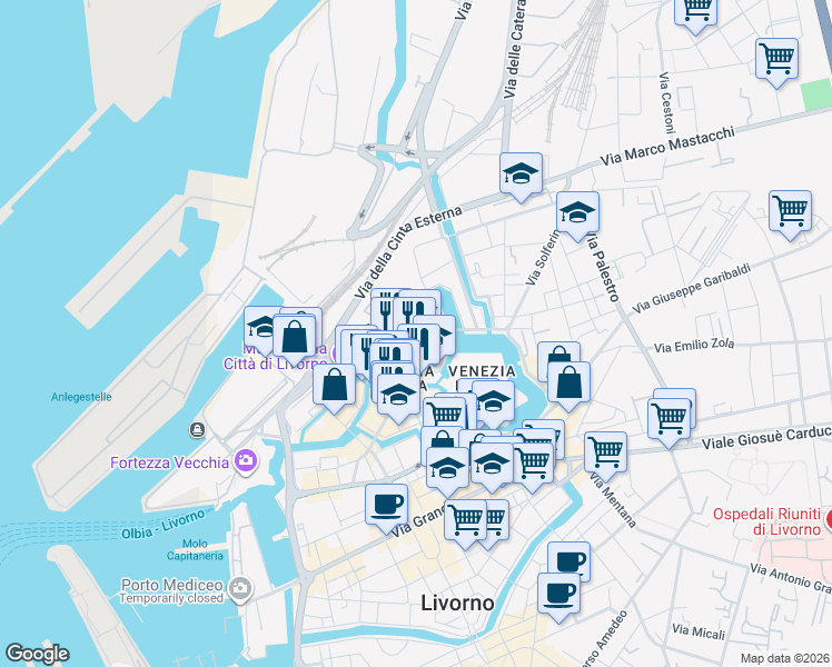 map of restaurants, bars, coffee shops, grocery stores, and more near Via del Casino in Livorno