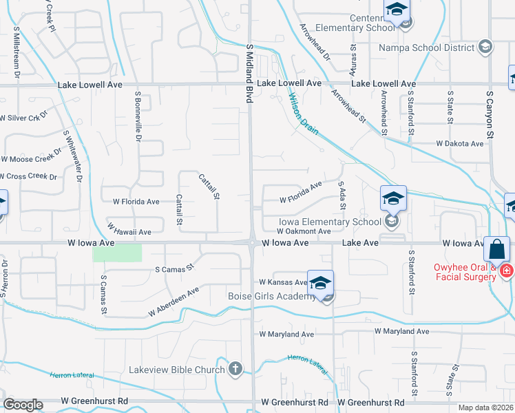 map of restaurants, bars, coffee shops, grocery stores, and more near 814 Oakmont Drive in Nampa
