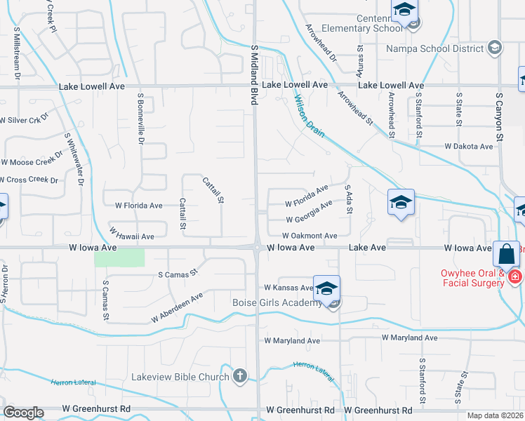 map of restaurants, bars, coffee shops, grocery stores, and more near 814 Oakmont Drive in Nampa