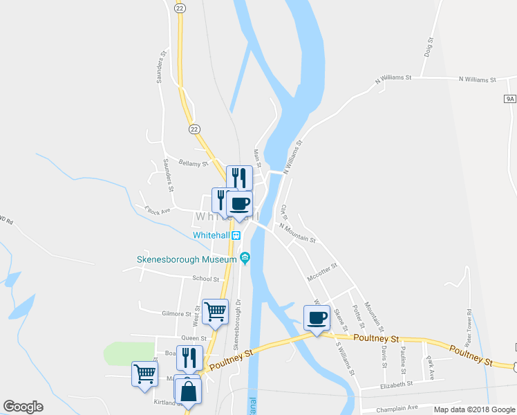 map of restaurants, bars, coffee shops, grocery stores, and more near 87 Main St in Whitehall