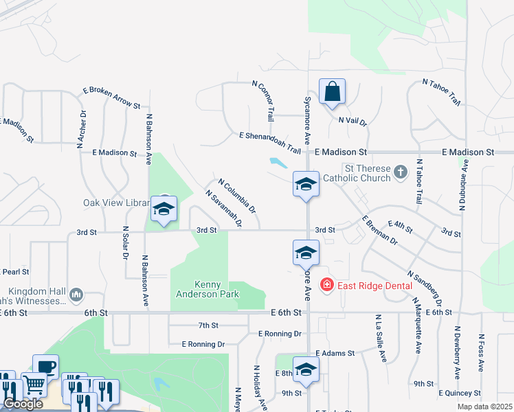 map of restaurants, bars, coffee shops, grocery stores, and more near 701-857 N Columbia Dr in Sioux Falls