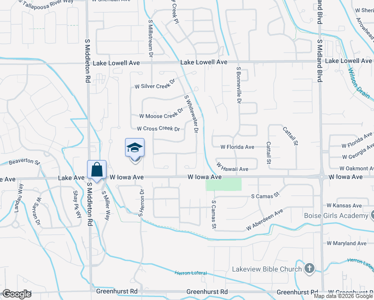 map of restaurants, bars, coffee shops, grocery stores, and more near 1411 South Whitewater Court in Nampa