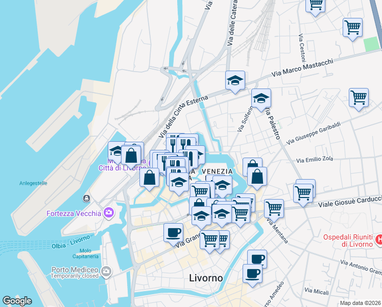 map of restaurants, bars, coffee shops, grocery stores, and more near Via del Casino in Livorno
