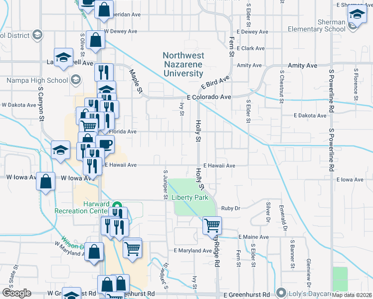 map of restaurants, bars, coffee shops, grocery stores, and more near 616 East Hawaii Avenue in Nampa