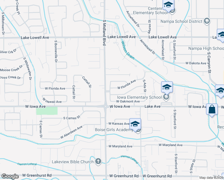 map of restaurants, bars, coffee shops, grocery stores, and more near 1404 South Benewah Street in Nampa
