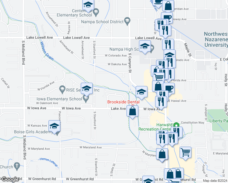 map of restaurants, bars, coffee shops, grocery stores, and more near 1352 South Edgewater Circle in Nampa