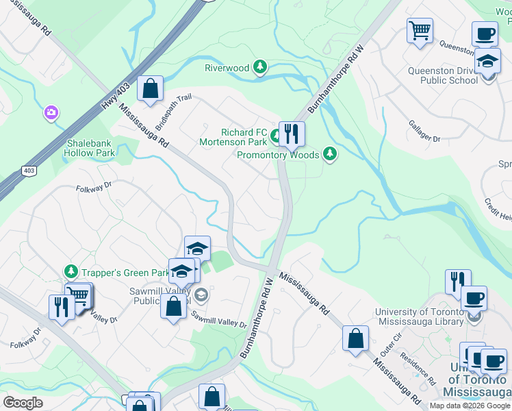 map of restaurants, bars, coffee shops, grocery stores, and more near 3959 Selkirk Place in Mississauga