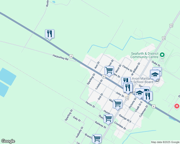 map of restaurants, bars, coffee shops, grocery stores, and more near 15 Sparling Street in Huron County