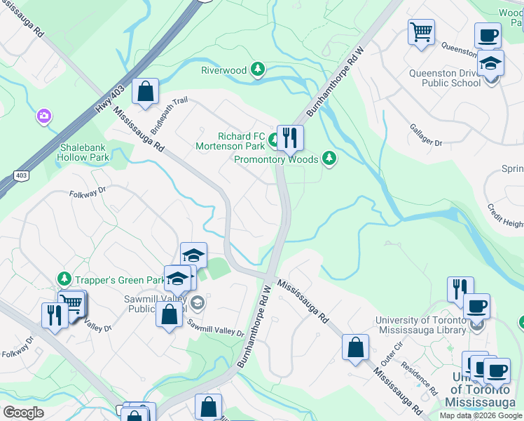 map of restaurants, bars, coffee shops, grocery stores, and more near 3953 Selkirk Place in Mississauga
