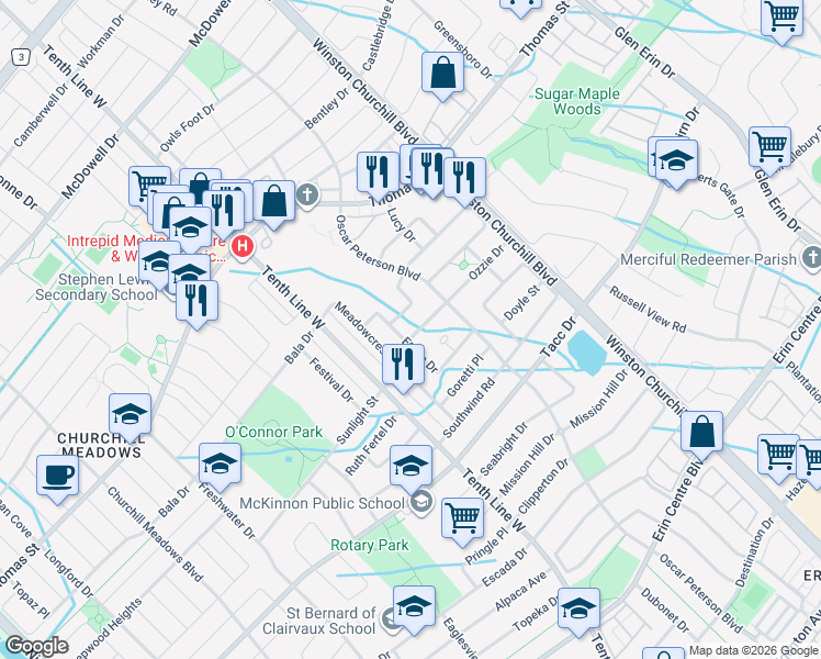map of restaurants, bars, coffee shops, grocery stores, and more near 3253 Edwyna Drive in Mississauga