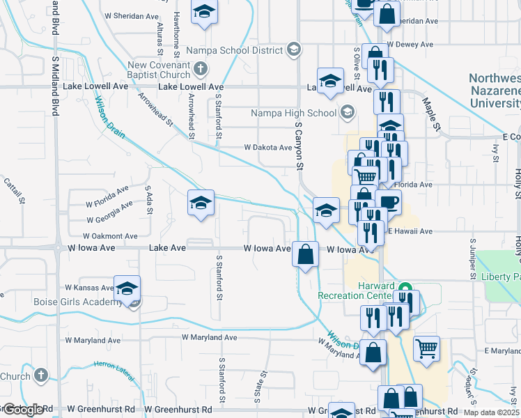 map of restaurants, bars, coffee shops, grocery stores, and more near 1355 South Edgewater Circle in Nampa