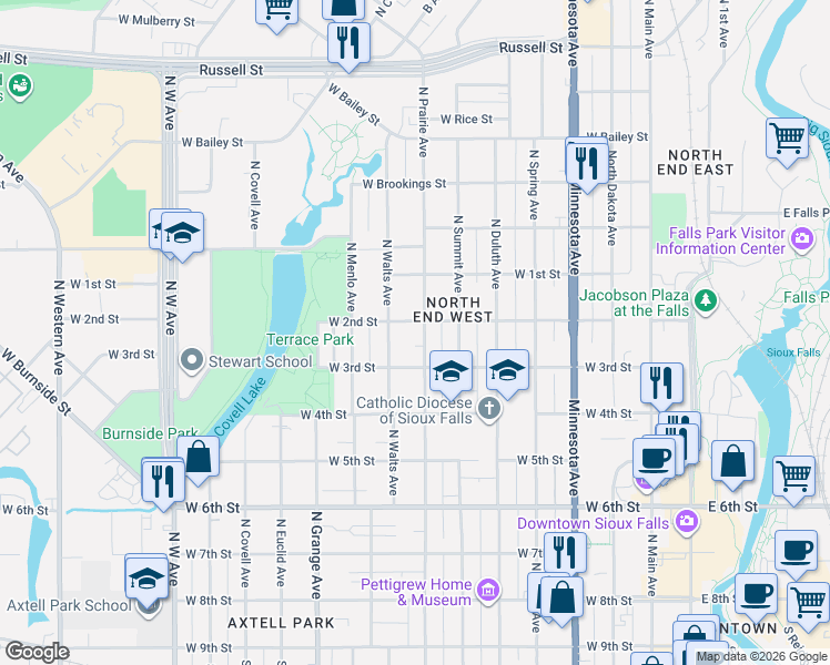 map of restaurants, bars, coffee shops, grocery stores, and more near 700-718 North Walts Avenue in Sioux Falls
