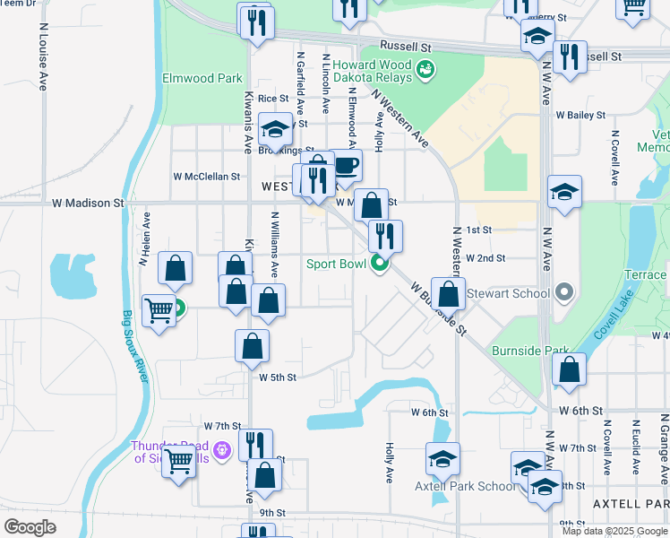 map of restaurants, bars, coffee shops, grocery stores, and more near 701 North Elmwood Avenue in Sioux Falls