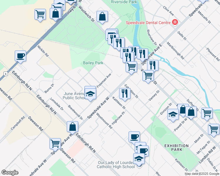 map of restaurants, bars, coffee shops, grocery stores, and more near in Guelph