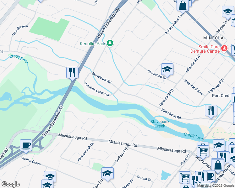 map of restaurants, bars, coffee shops, grocery stores, and more near 1470 Pinetree Crescent in Mississauga