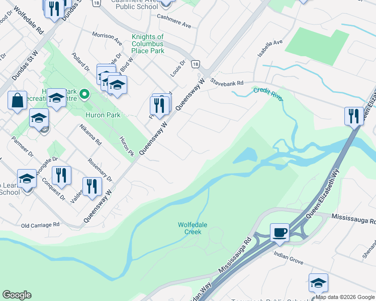 map of restaurants, bars, coffee shops, grocery stores, and more near 2233 Oneida Crescent in Mississauga