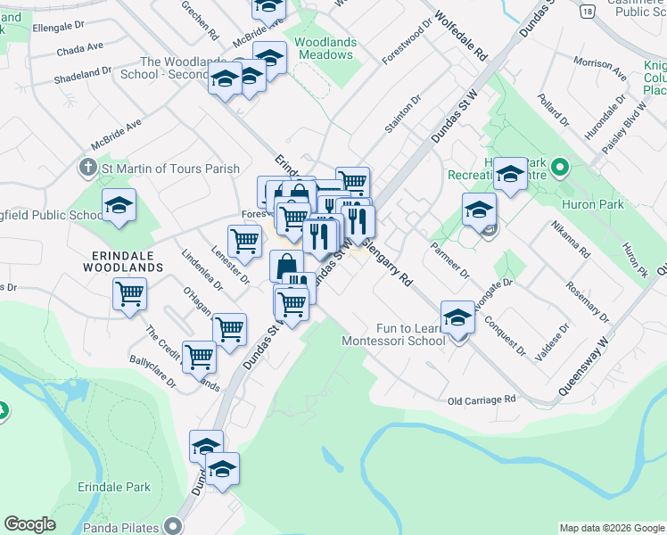 map of restaurants, bars, coffee shops, grocery stores, and more near 1128 Dundas Street West in Mississauga
