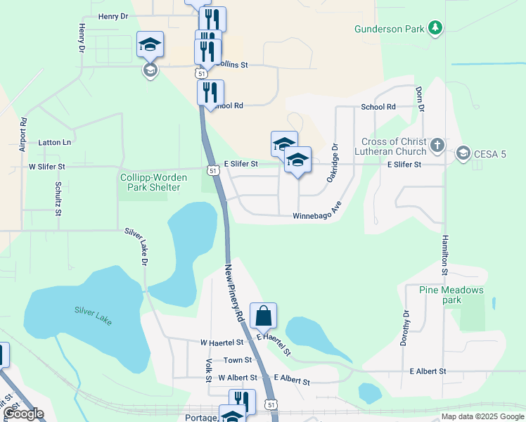 map of restaurants, bars, coffee shops, grocery stores, and more near 237 Winnebago Avenue in Portage