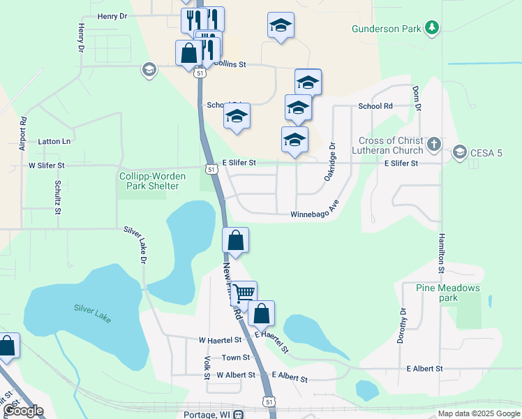 map of restaurants, bars, coffee shops, grocery stores, and more near 237 Winnebago Avenue in Portage