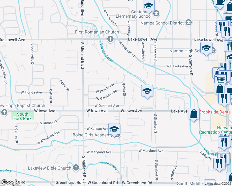 map of restaurants, bars, coffee shops, grocery stores, and more near 817 West Georgia Avenue in Nampa