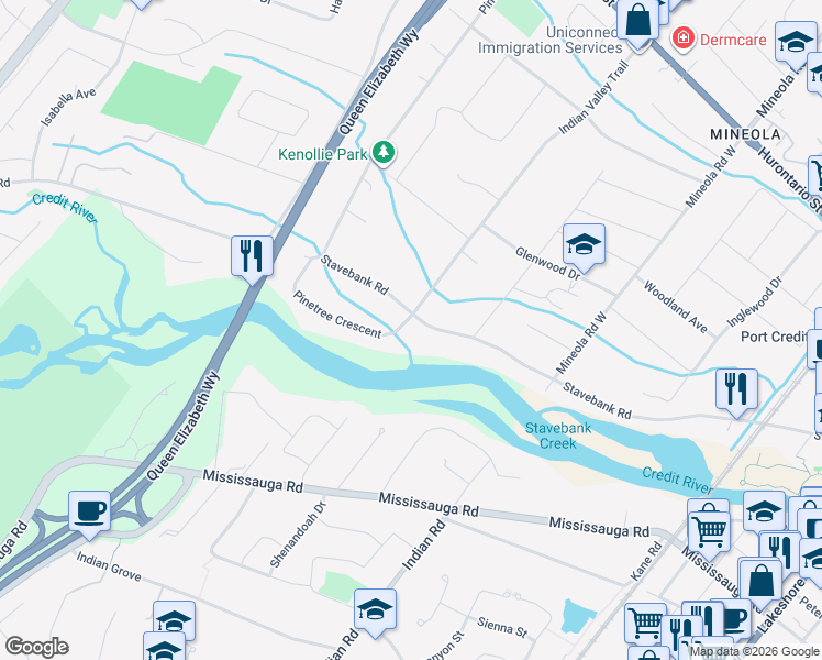 map of restaurants, bars, coffee shops, grocery stores, and more near 1470 Pinetree Crescent in Mississauga