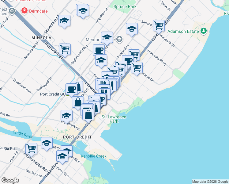 map of restaurants, bars, coffee shops, grocery stores, and more near 165 Lakeshore Road East in Mississauga